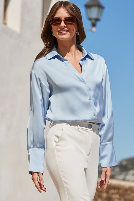Powder Blue Luxe Satin Longline Shirt