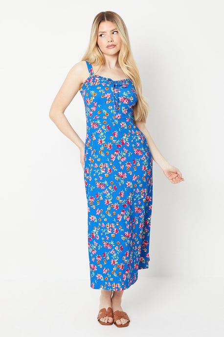 Cobalt Floral Tie Front Frill Edge Midi Dress