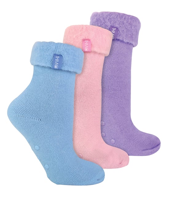 3 Pack Ladies Bed Socks with Grips | THMO | Non Slip Fleece Cosy Slipper Socks - Multicolour - Image 1