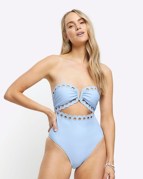 River Island Womens Bandeau Swimsuit Blue Scallop Hem