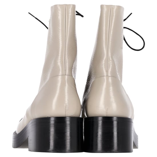 Chanel CC Interlocking Logo Combat Lace-Up Boots in Beige Calfskin Leather