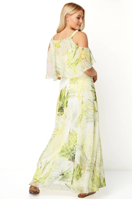 Leaf Print Cold Shoulder Maxi Dress