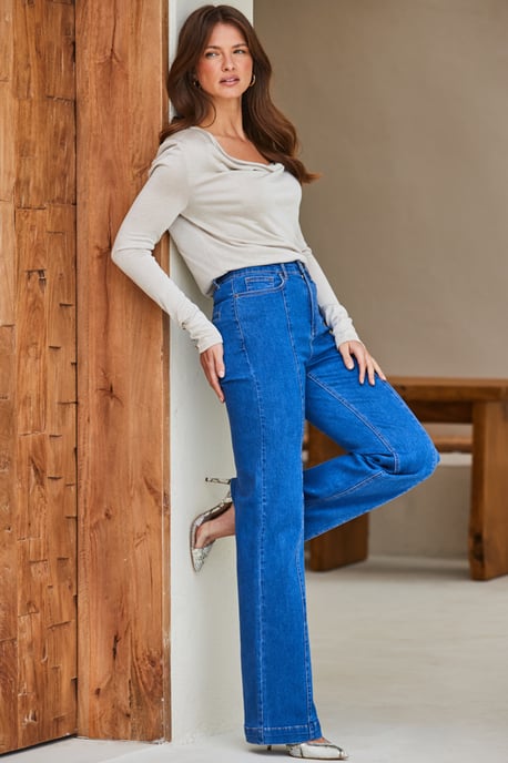 Petite Mid Blue Wide Leg Pintuck Jeans