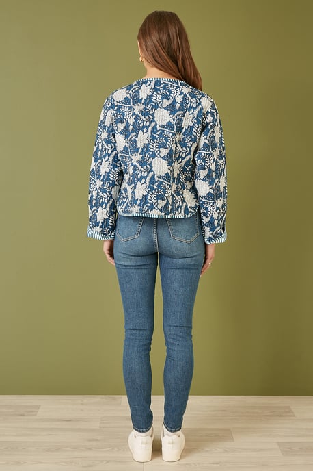 Blue Patchwork Print Reversible Cotton Quilted Jacket