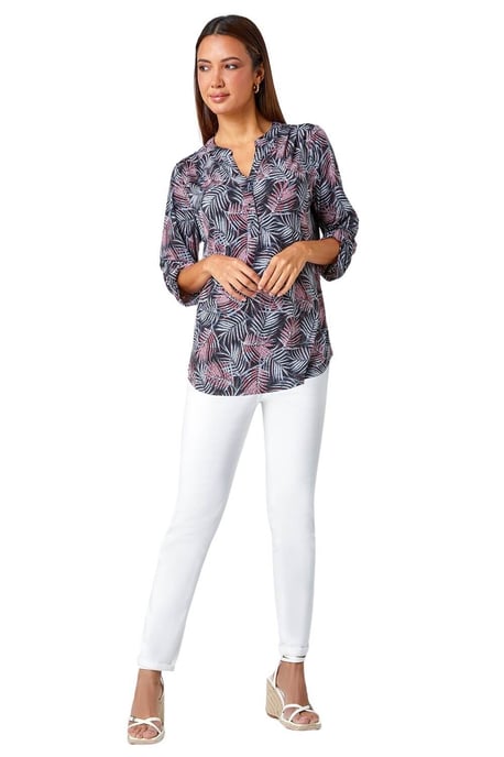 Leaf Print V-Neck Stretch Jersey Blouse