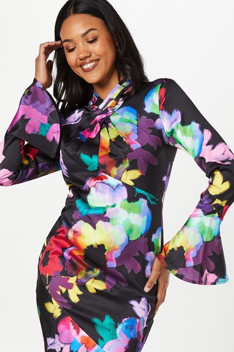 Cross Neck Flute Sleeve And Hem Midi Dress - Image 2