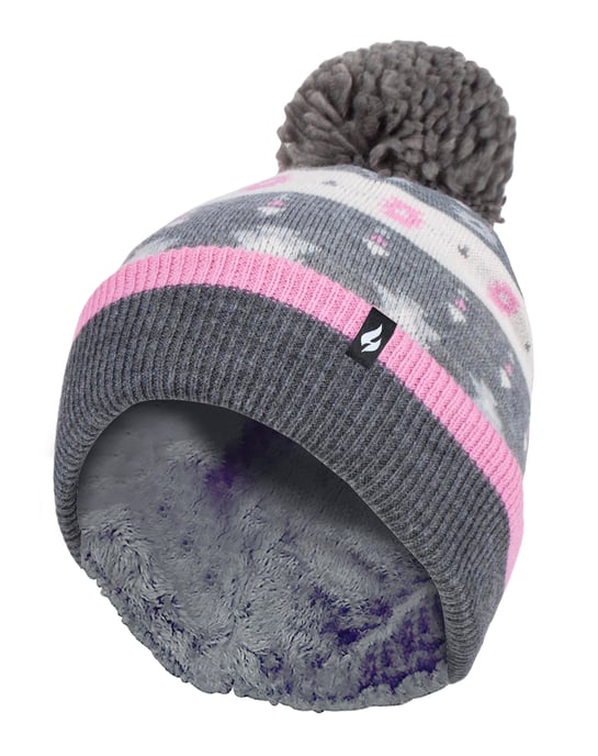 Heat Holders - Dames Thermische Winter Pom Pom Muts - Roze / Grijs - Image 1