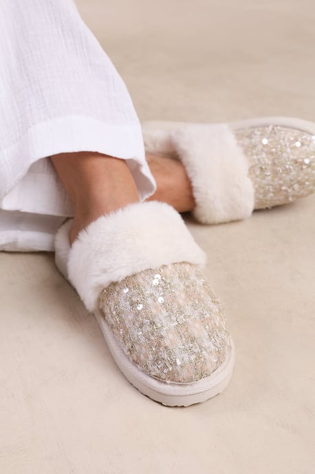 Wheres That From Womens 'Snuggle' Slip On Sequin Slippers With Fur Trim