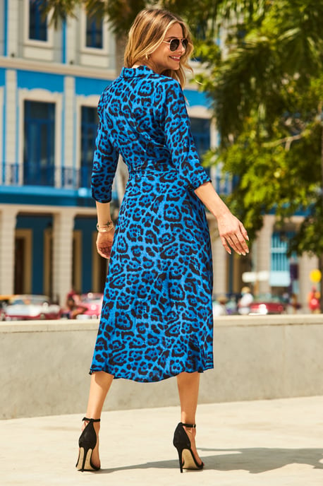 blue animal print dress Navy Satin Wrap Midi Dress – InTheStyle