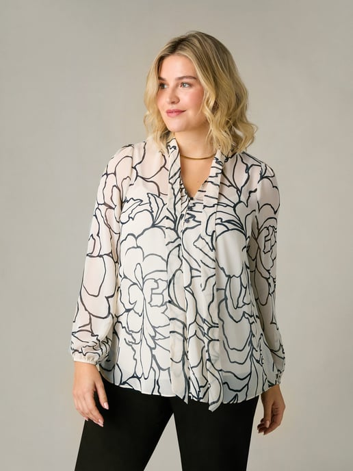 Stone Floral Print Chiffon Tie Neck Blouse
