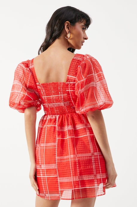 Print Organza Square Neck Mini Smock Dress