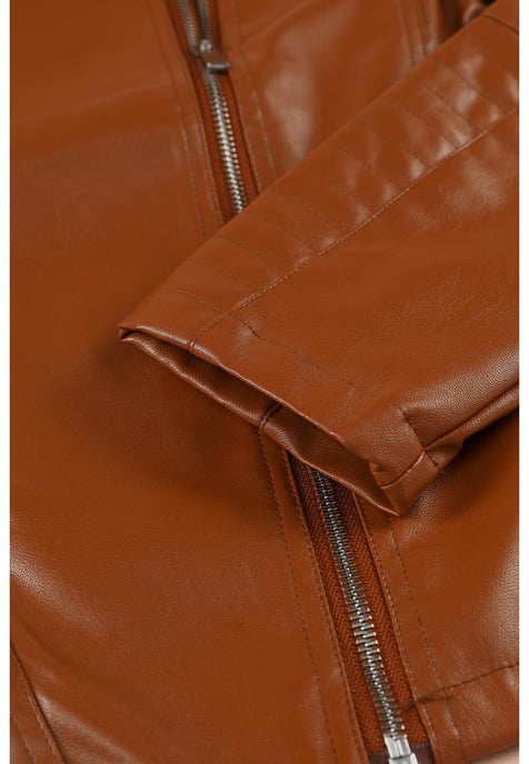 Women's Ribbed Seam Detail Faux Leather Motorcycle Jacket in Brown - Image 3
