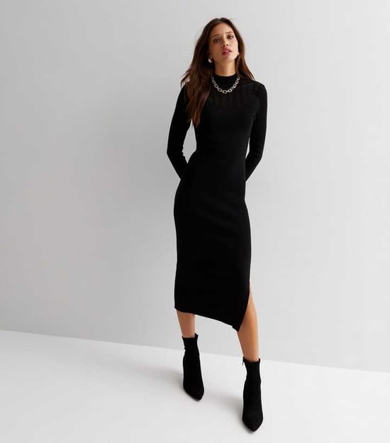 Ribbstickad Bodycon Midiklänning med hög hals - Image 1