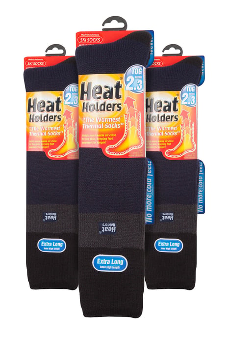 Men's Thermal Striped Ski Socks | High Quality Heat Holders Extra Long Socks - Navy / Black - Image 2