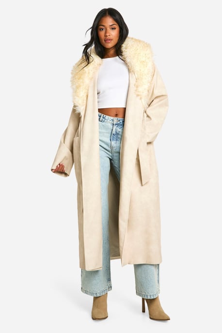 Tall Faux Fur Collar Vintage Look Faux Leather Trench Coat - Image 1