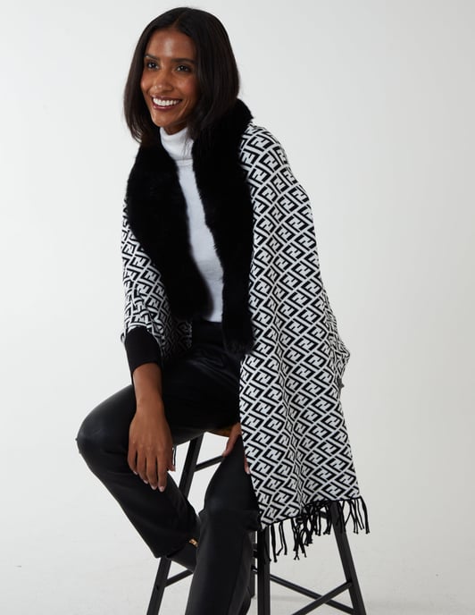 Faux Fur Lined Monogram Poncho