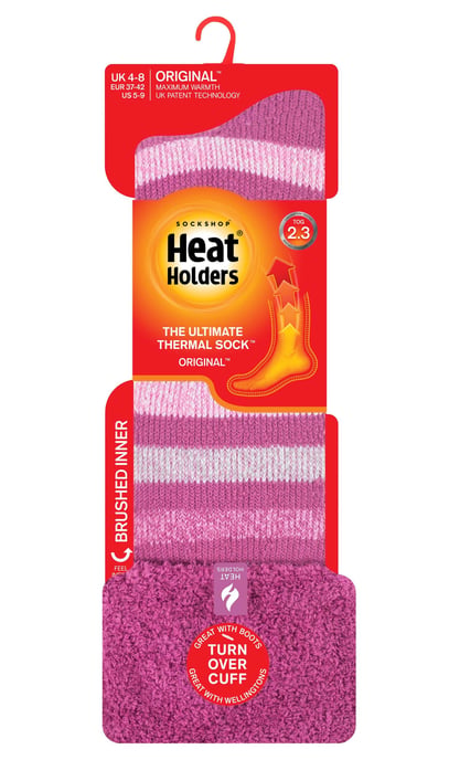 Heat Holders - Extra långa randiga Wellington-stövelstrumpor för dam / dam | Termosockor med mudd - Rosa rand - Image 2