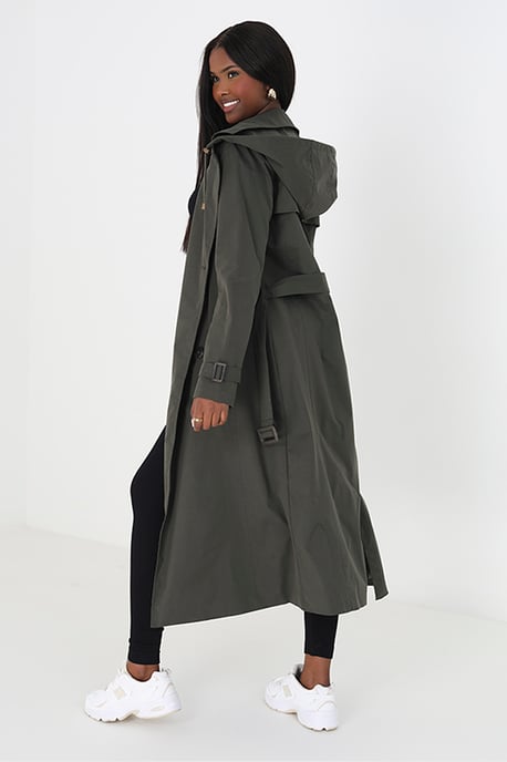 Khaki Double-Breasted Longline Trench Coat With Detachable Hood