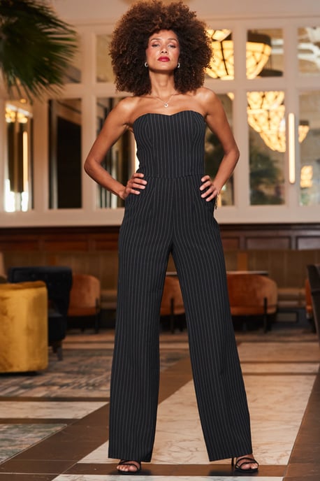 Black & White Pinstripe Wide Leg Bandeau Jumpsuit