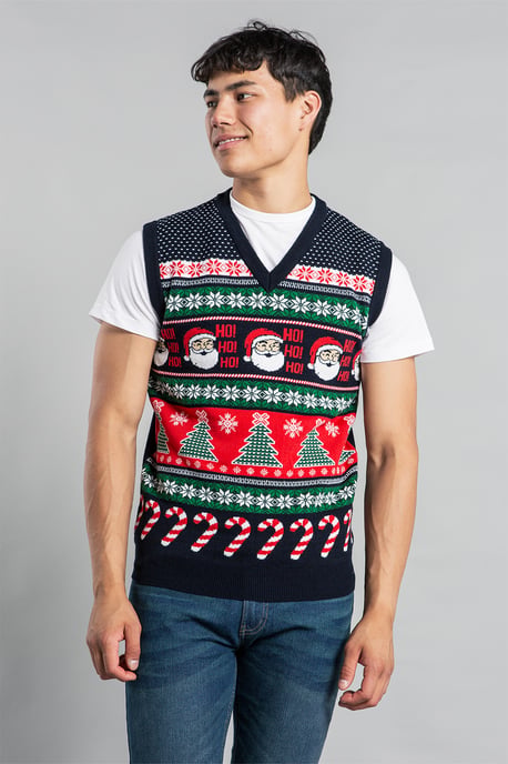 Dark Navy Christmas V Neck Jacquard Knitted Vest