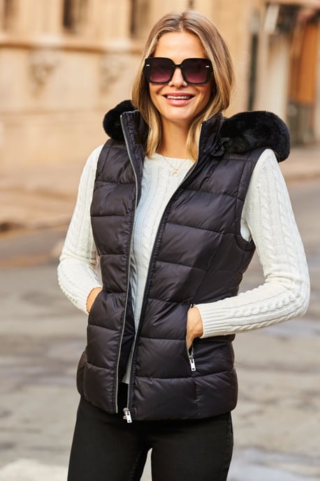 Black Faux Fur Trim Padded Gilet With Zip Pockets