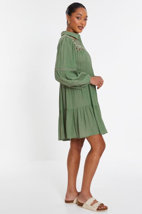 Khaki Crochet Mini Shirt Dress - Image 4