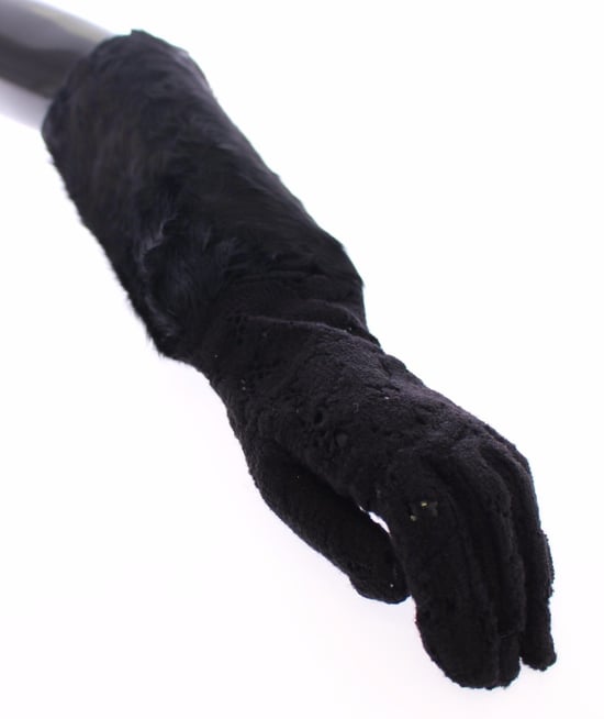 Dolce & Gabbana Black Lace Wool Lambskin Fur Elbow Women's Gloves - Image 4