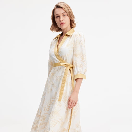 Bi-material wrap dress with tropical print