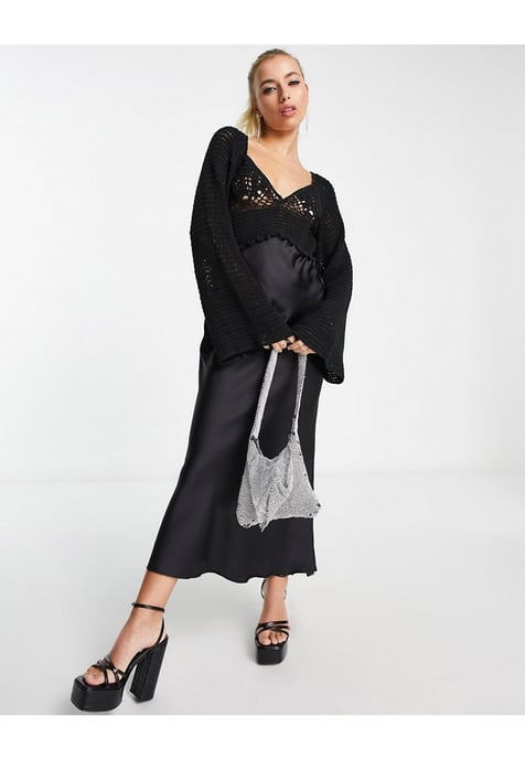 ASOS DESIGN long sleeve crochet bodice satin maxi dress in black