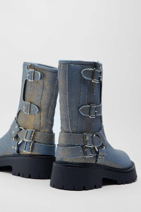 Metallic Denim Buckle Ankle Boots