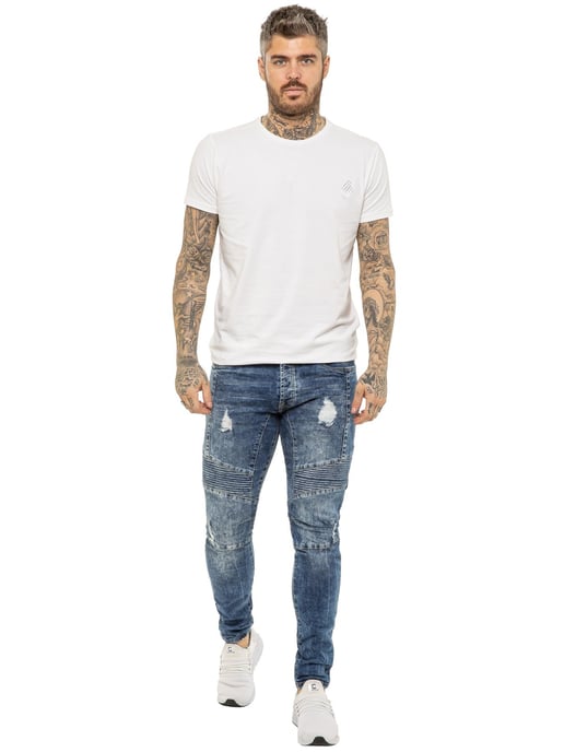 Enzo | Mens Skinny Stretch Biker Denim Jeans - Blue - Image 5