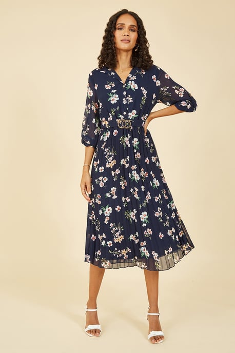 Mela Navy Floral Print Midi Dress With Gold Buckle Belt Detail