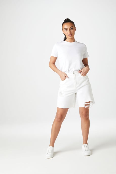 White High Waisted Ripped Longline Short
