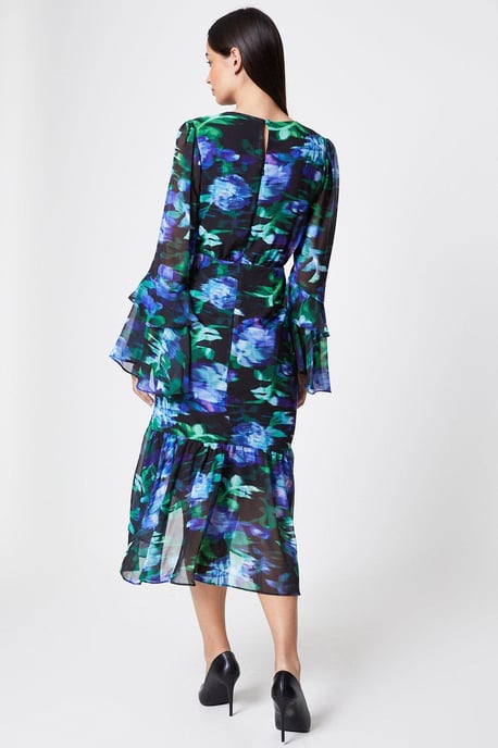 Ruched Skirt Flute Sleeve Midi Dress