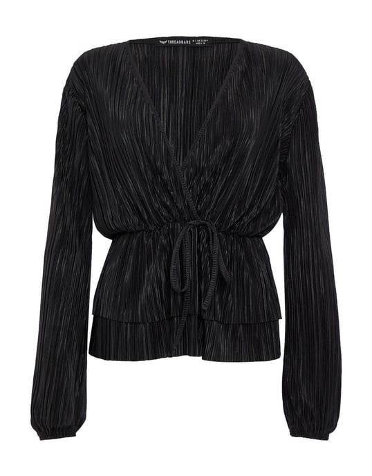 Black Plisse Wrap Blouse