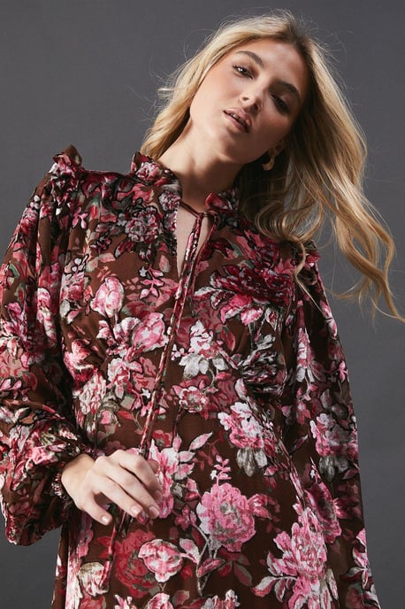 Burnout Floral Devore Frill Shoulder Tie Front Midi Dress - Image 4