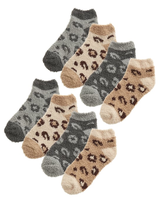 8 Pair Womens Fluffy Ankle Socks | Novelty Animal Print Socks - Grey / Beige - Image 1