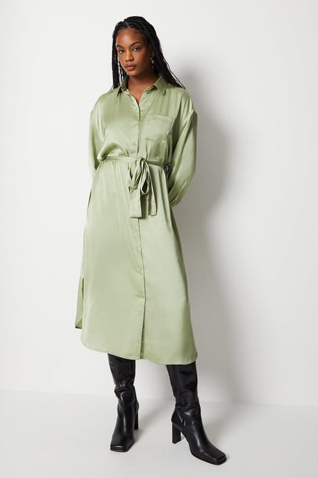 Satin Midi Belted Shirt Dress