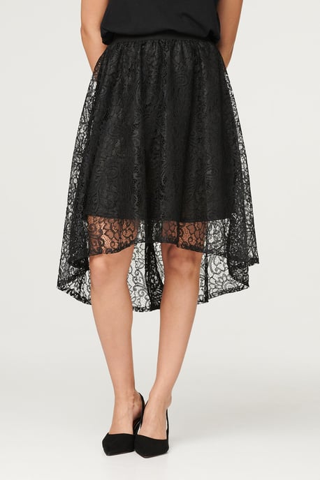 Black Lace Asymmetric Hem Midi Skirt