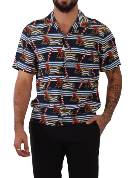Dolce & Gabbana Men's Multicolor Silk Beach Chair Short Sleeves Shirt