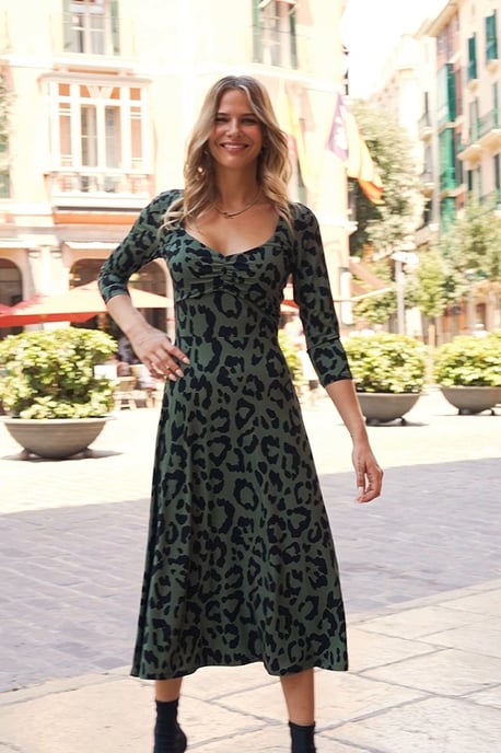 Khaki Animal Print Sweetheart Neckline Midi Jersey Dress