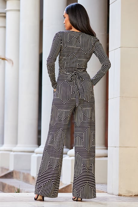 Black & White Geometric Print Wrap Front Wide Leg Jumpsuit With Pockets