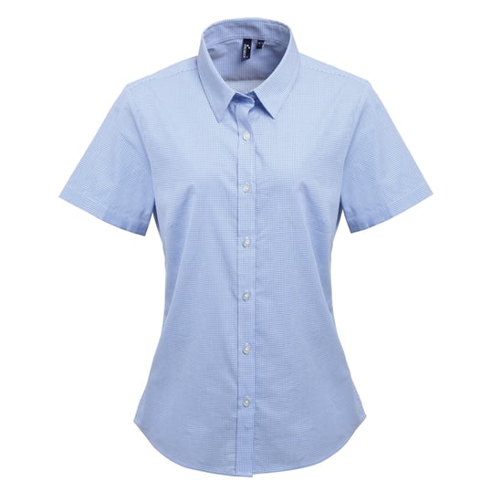 Premier Dames/dames Microcheck Korte Mouwen Katoenen Shirt (Lichtblauw/Wit) - Image 1