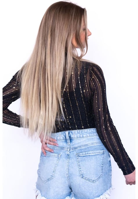 Women's Mesh Mock Neck Long Sleeve Bodysuit in Black - Image 3