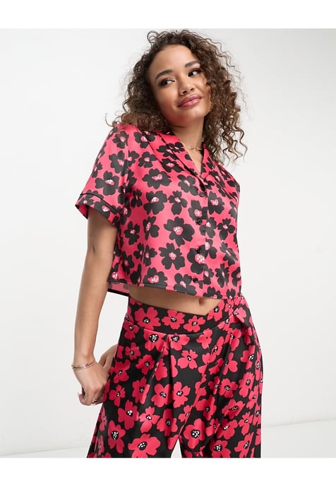 Flounce London short sleeve cropped shirt in red and black floral co-ord