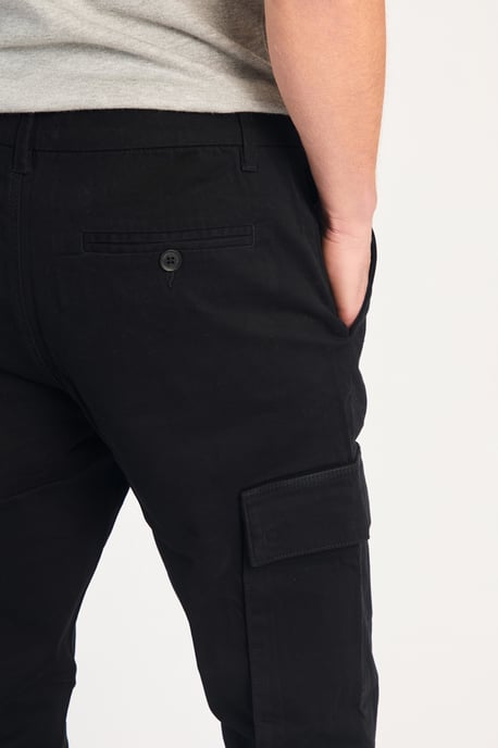 Black Cotton Relaxed Fit Turn-Up Cargo Trousers