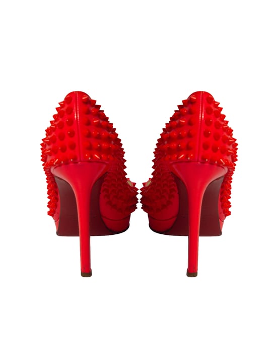 Christian Louboutin Pigalle Plato 120 Spiked Heels in Neon Red Patent Leather - Image 4
