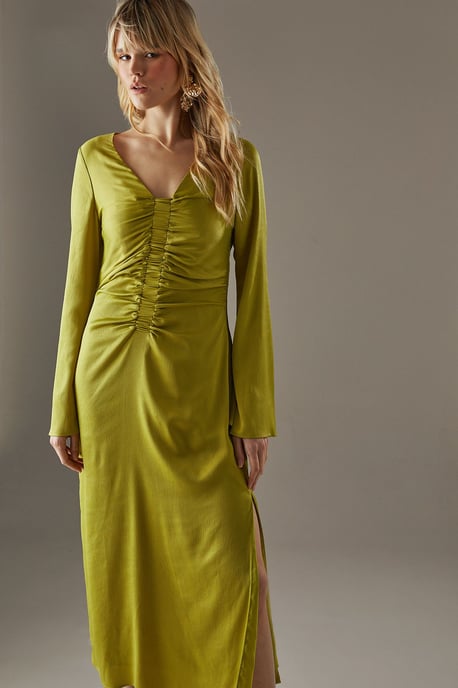 Crinkle Satin Ruched Front Column Midi Dress