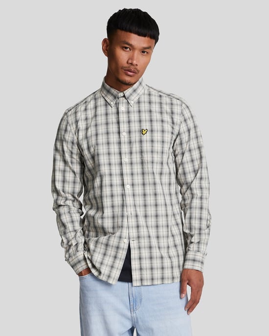 Mens Washed Check Poplin Shirt in Grey - Image 1