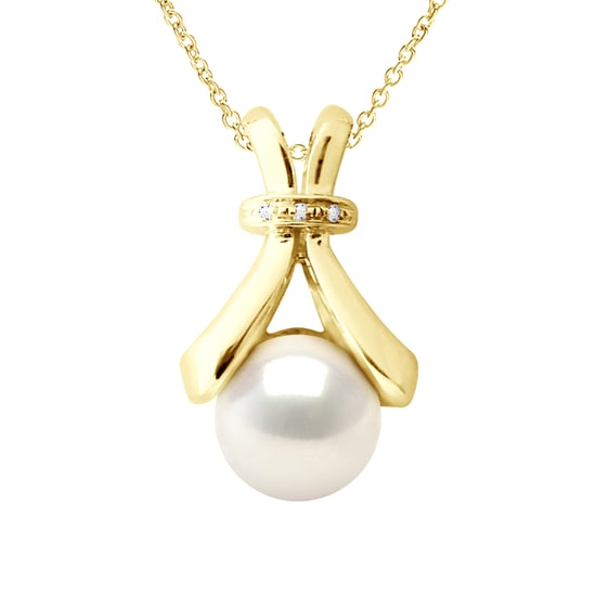Necklace Jewelry Diamond 0.01Cts Yellow Gold and Real Cultured Freshwater Pearl Button 6-7 mm